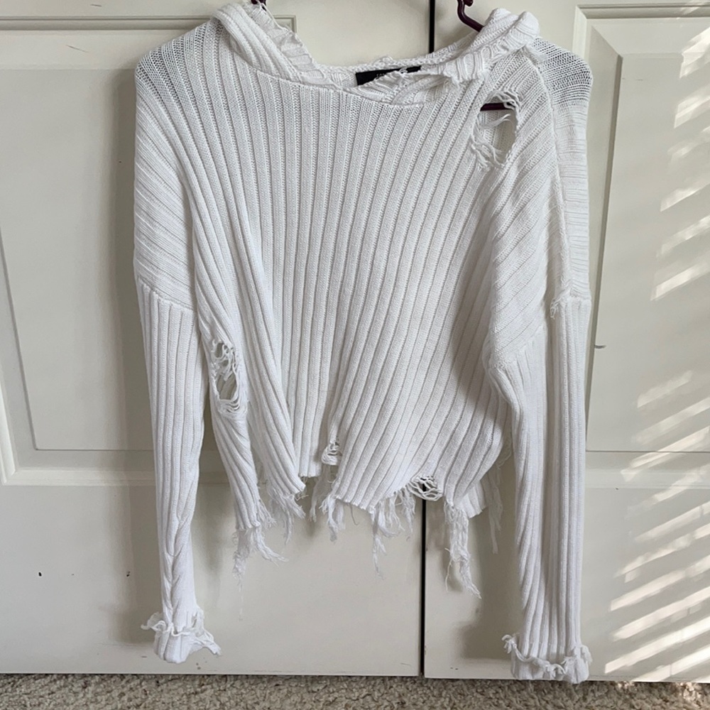 White ripped cropped hooded sweater